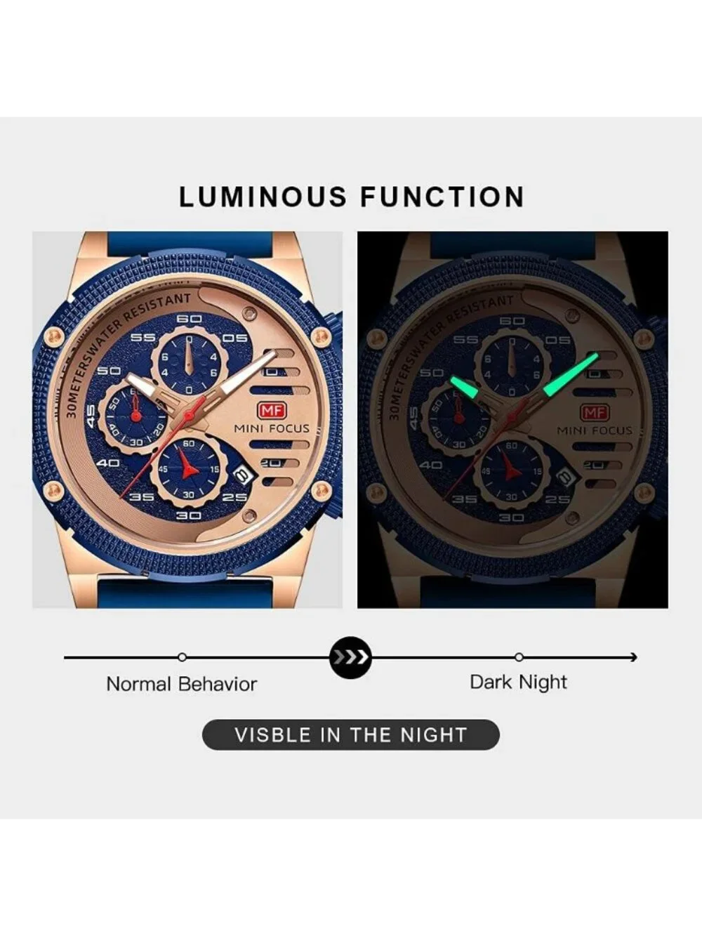 Men's Rose Blue Chronograph Waterproof Sport Military Analog Quartz Wrist Watch